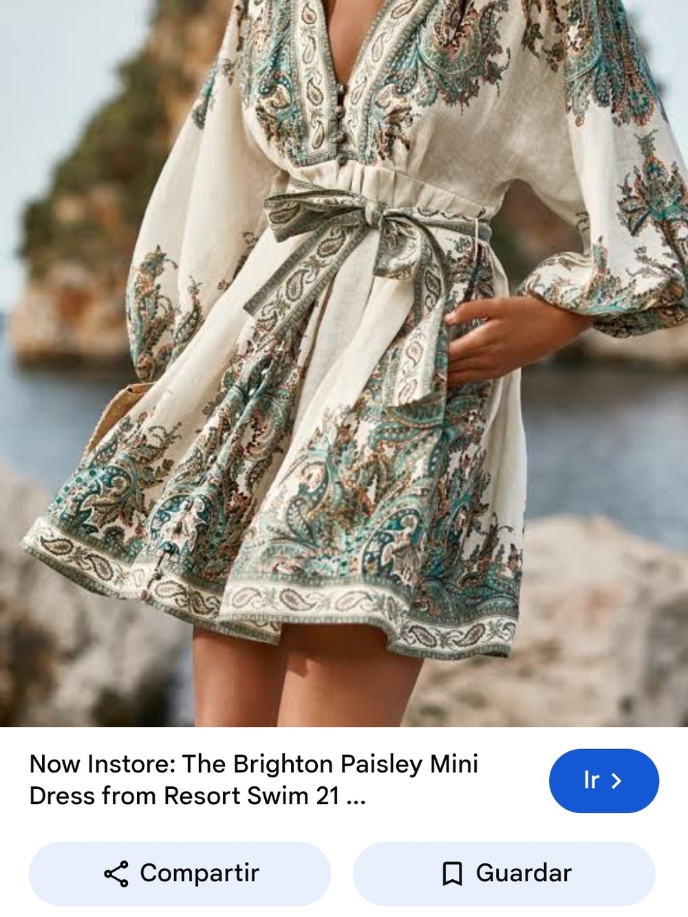 Zimmermann Cream Paisley V-Neck Long Sleeve Boho Dress with Teal Accents - Picture 7 of 7